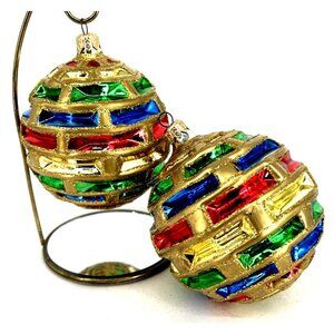 Poland Christmas Ornaments Glass Indent Balls 4" Multicolor Lot of 2 Spheres